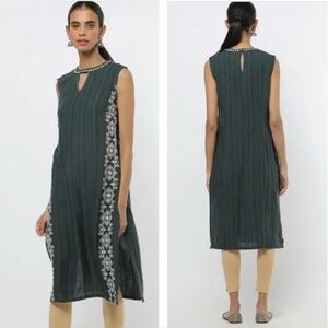 W for women sheath shift Dress Green Linen Blend Striped Embroidered Sleeveless